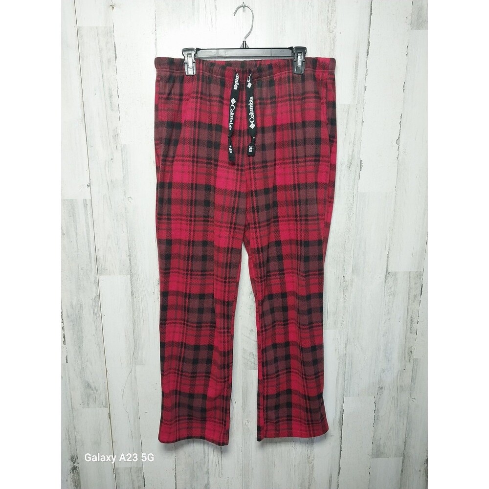 Columbia Fleece Pajama Pants Men L Red Black Plaid Pocket Lounge Sleepwear